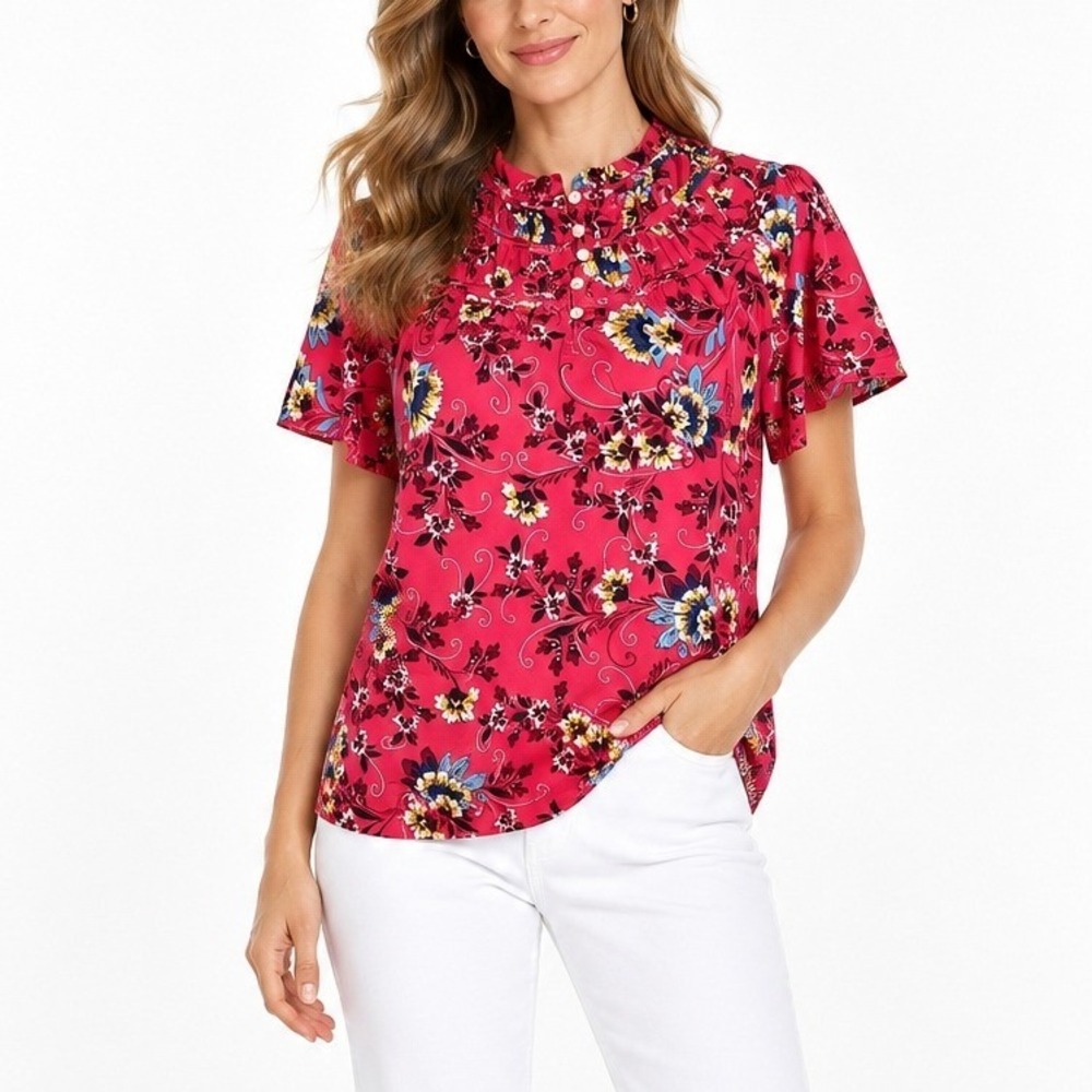 LOFT Floral Cottagecore Blouse Ruffle Neck Flutter Sleeve Top Barbie Pink Small